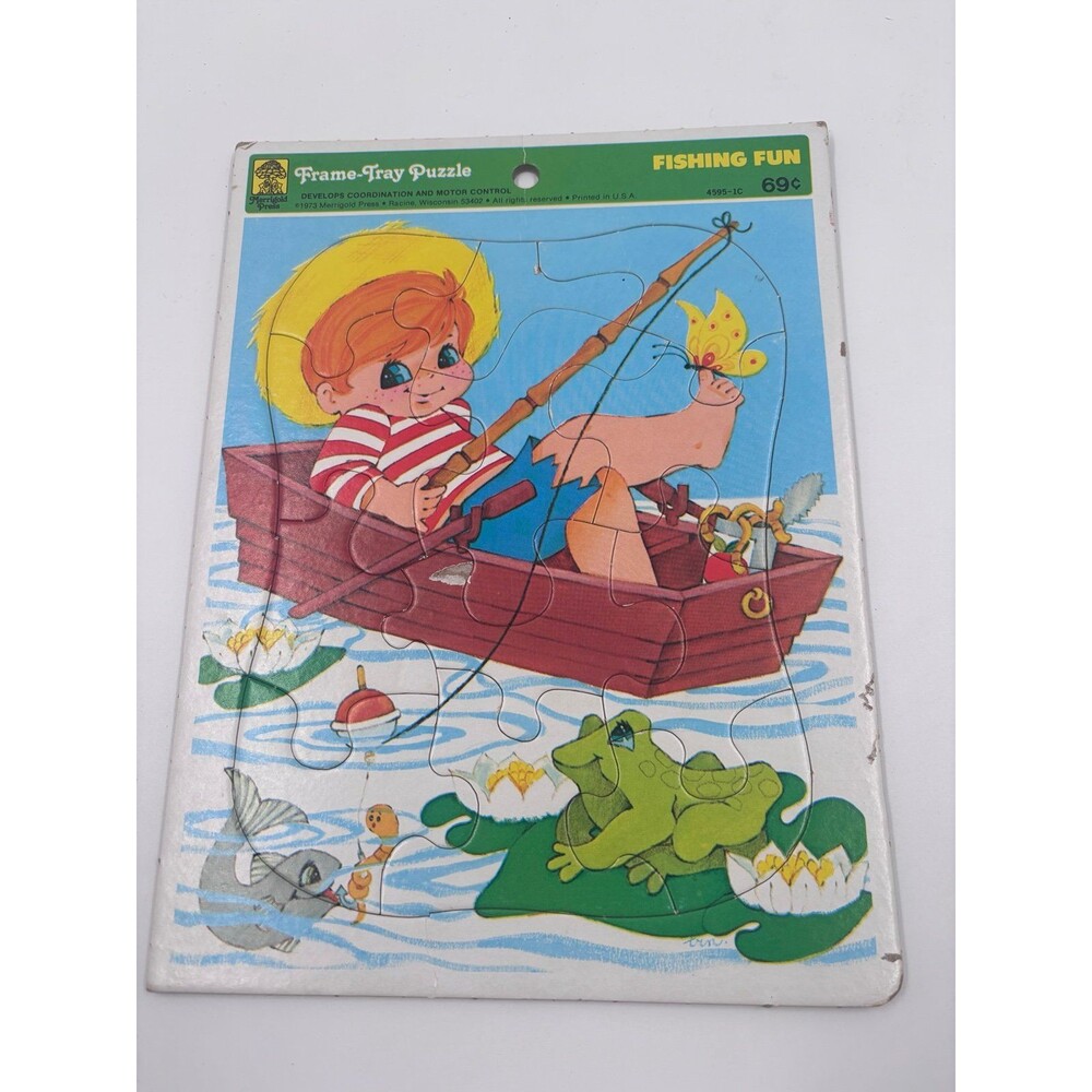 1973 Merrigold Press Fishing Fun Frame Tray Puzzle Vintage Childrens Board